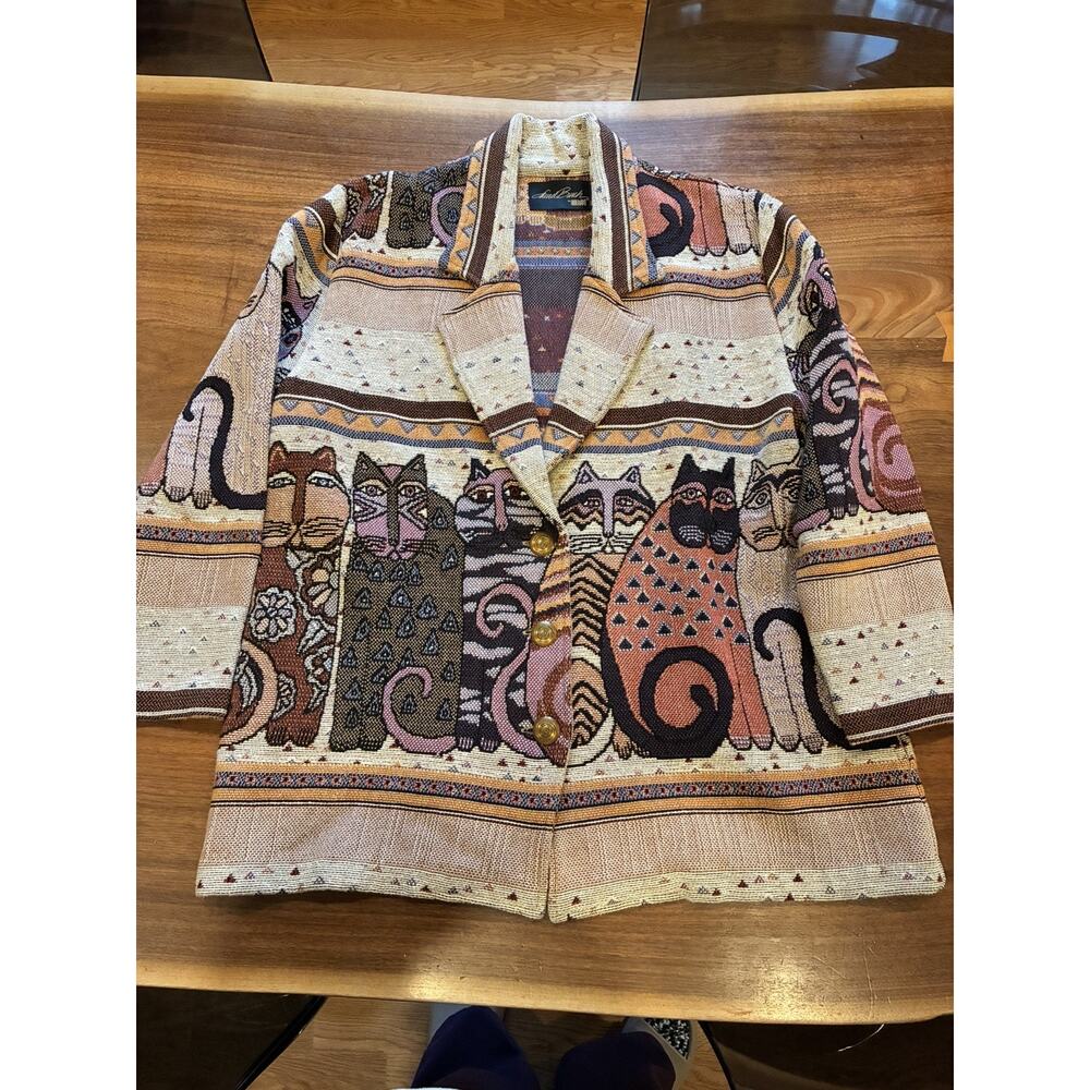 RARE Vintage Laurel Burch Cats Tapestry Blazer Jacket Cardigan Size XL